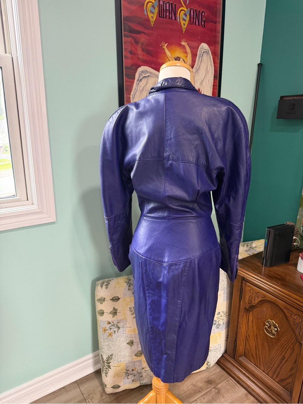 VINTAGE GENUINE LEATHER 80’s PURPLE TRENCH COAT DRESS ZIP UP DRESS SHOULDER PADS